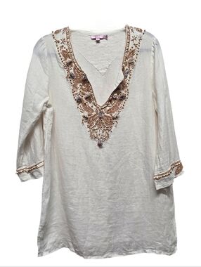 Calypso St. Barth Beaded Embroidered Linen Tunic Top Size M White Boho Tassel